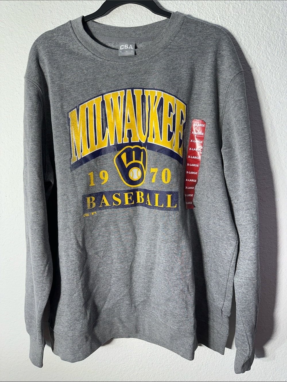 Gray Crewneck Sweater with Yellow & Navy Milwaukee Baseball Graphic